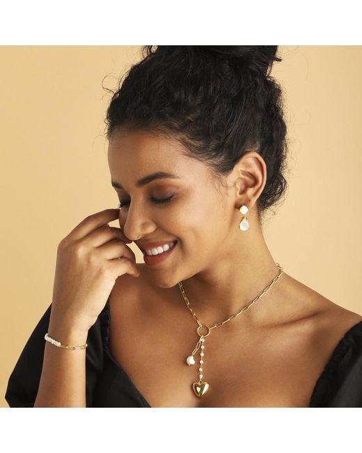 Lila Rasa Metallic Paperclip Pearl & Heart Drop Necklace