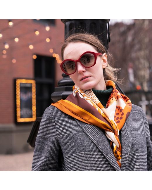 Jessie Zhao New York Brown Double Sided Silk Scarf Of Leopards With Floral Fountain