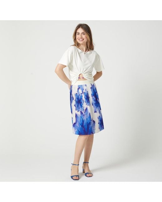 Lalipop Design Blue Floral-Print Elasticated-Waist Pleated Recycled Fabric Midi Skirt