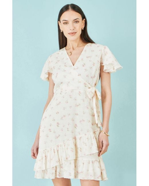 Yumi' Natural Rose Print Wrap Over Frill Dress