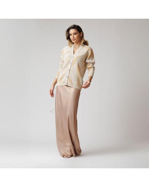 concept A trois Natural Neutrals Cream& Printed Cardigan With V Neckline, Knitted, With Crystal Buttons