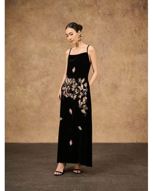 Silk and Bears Black Hand-Embroidered Silk Velvet Bias Slip Maxi Dress — Fan Motif — Velvet Atelier