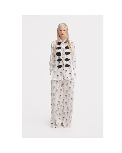 Julia Allert Gray Neutrals Art Print Wide-Leg Palazzo Trousers – Ivory