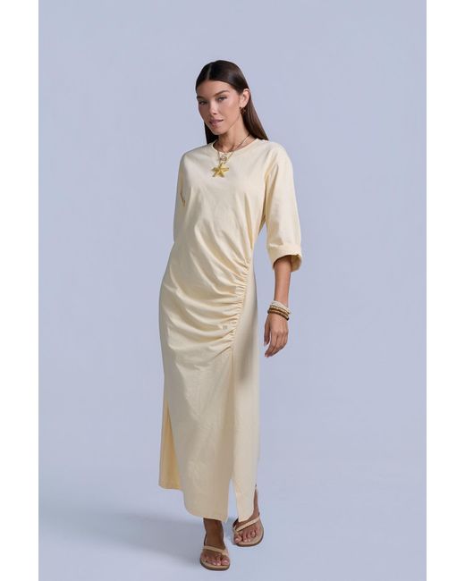 Rave on Trend Yellow Ruched Cotton T-Shirt Dress
