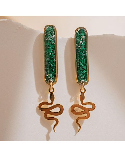 Kate Koel Green Malachite Snake Earrings Drops Statement Emerald Hues