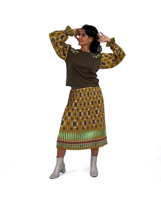 Lalipop Design Green Abstract Khaki Flower Print Pleated Midi Skirt