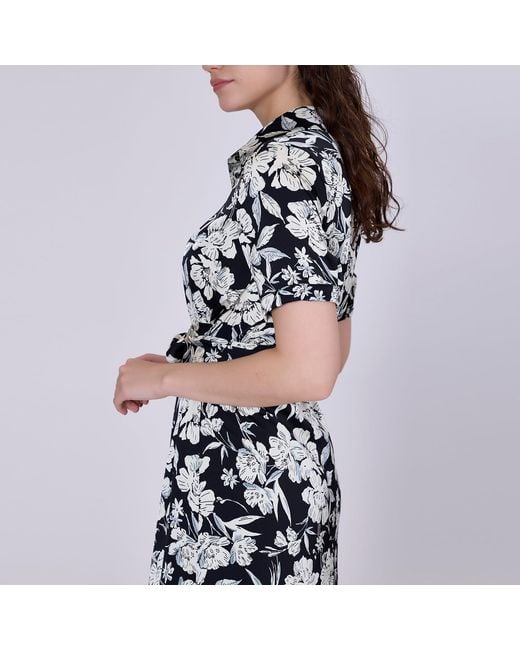 Smart and Joy Black Macro Flower Print Midi Shirt-Dress