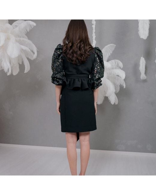 concept A trois Black Sequin Top With Puff Sleeves