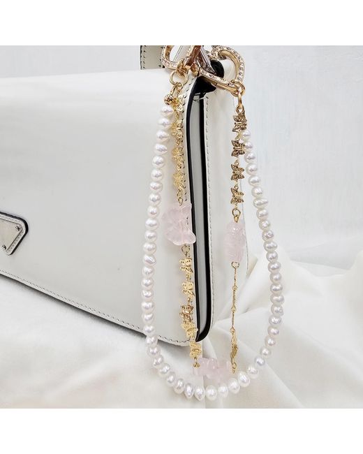 Farra Metallic Rose Quartz Bowknot With Freshwater Pearls Double Layers Bag Charm