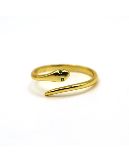 VicStoneNYC Fine Jewelry Metallic Snake Open Cuff Ring With Natural Emerald Eyes