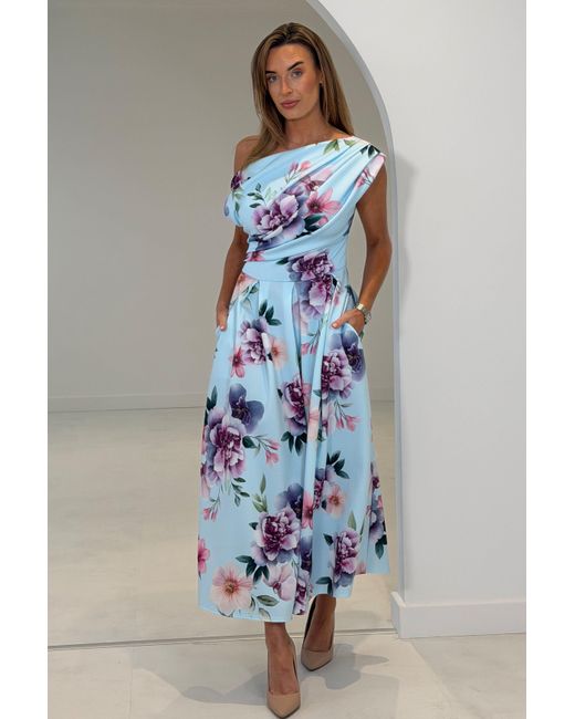 Girl In Mind Blue Betty Asymmetric Neckline Skater Midi Dress Print