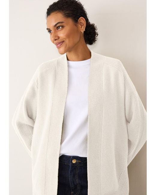 Loop Cashmere White Ribbed Detail Edge To Edge Cardigan