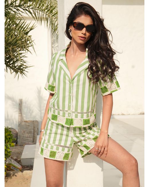 Rose & Nancy Green Helena Stripe Crochet Trim Cotton Resort Shirt