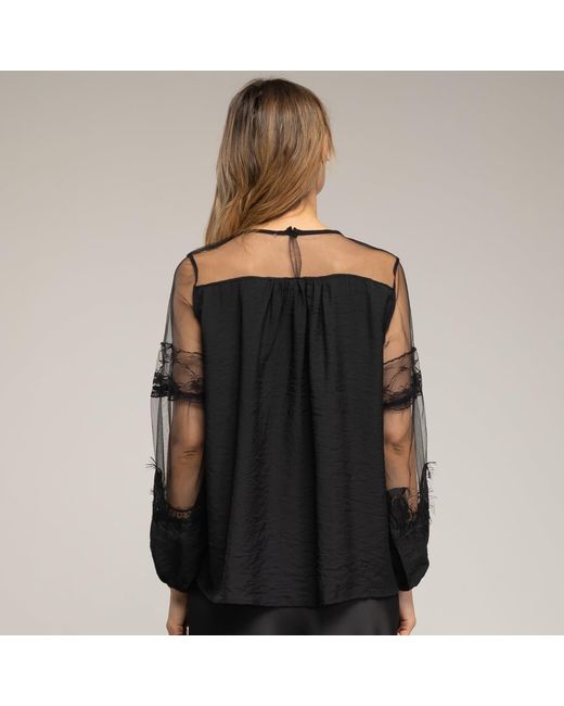 Tantra Spain Sl Black Chiffon Blouse With Tulle Sleeves And Shoulders And Lace Details