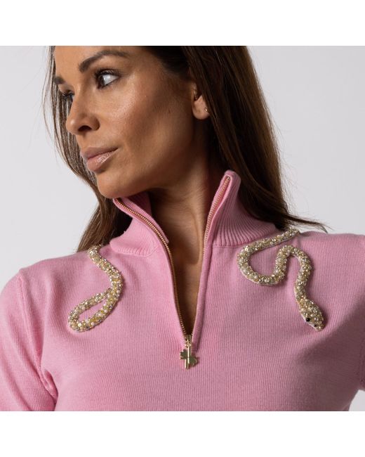 Laines London Laines Couture Pink Quarter Zip Jumper With Embellished Crystal & Pearl Snake
