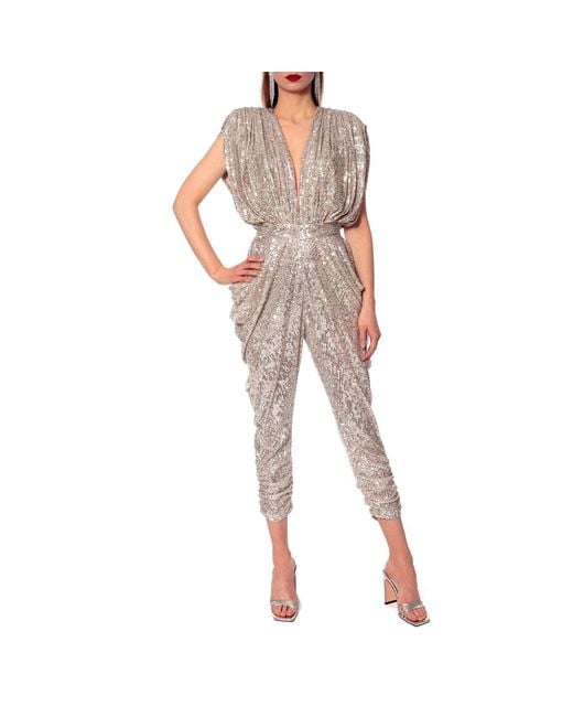 AGGI by HALEWSKI Gray Saddie Champagne Draped Sequinned Jumpsuit