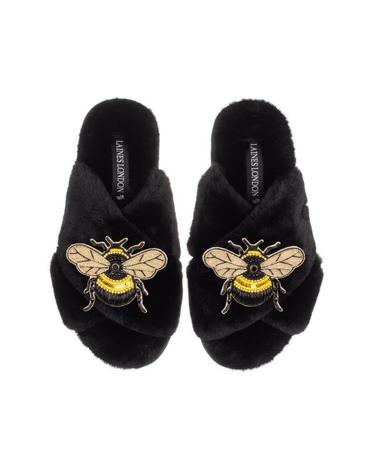 Laines London Black Classic Laines Slippers With Double Honey Bee Brooches