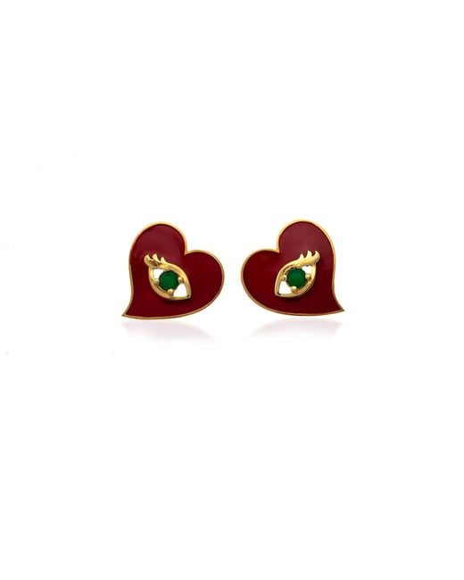 Milou Jewelry Red Heart Earrings With Evil Eye