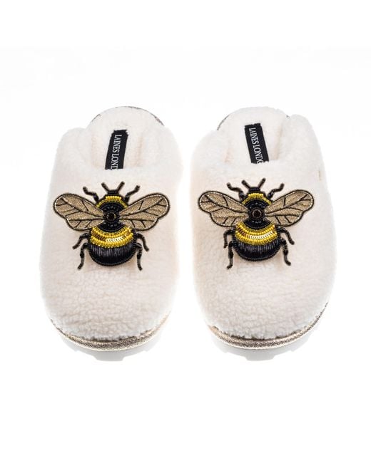 Laines London White Neutrals Teddy Closed Toe Slippers With Double Honeybee Brooches