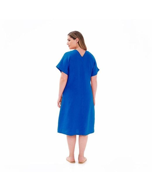 Haris Cotton Blue Notched Neckline Curve Linen Dress With Batwing Sleeve Sapphire