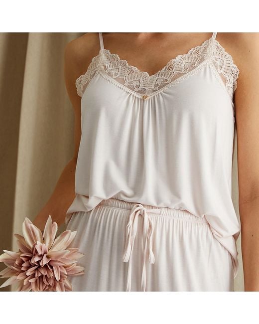 Pretty You London Pink Bamboo Lace Cami Cropped Trouser Pj Set In Powder Puff
