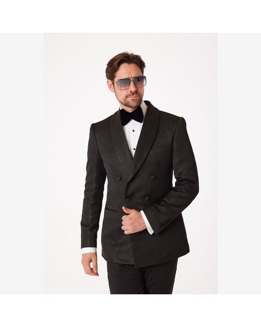 DAVID WEJ Black Kensington Double Breasted Shawl Lapel Jacquard Blazer for men