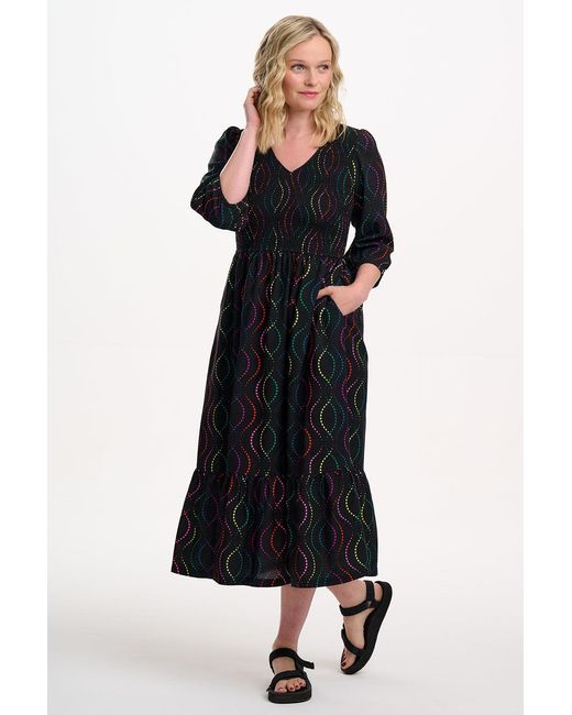Sugarhill Black Magdalene Shirred Midi Dress, Dotted Waves