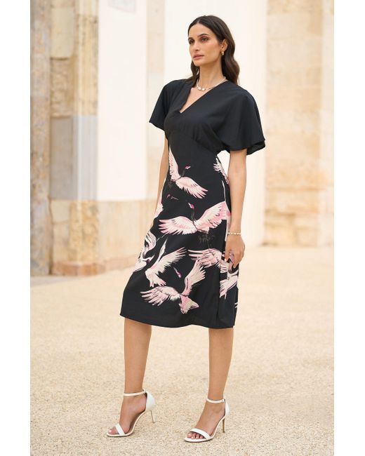 Yumi' Black Recycled Fabric Crane Print Kimono Midi Dress