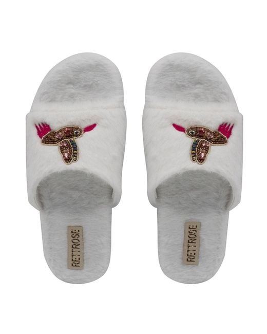 Rettrose White Neutrals Ariella Cream Luxury Plush Diamanté Embellished Handmade Slipper