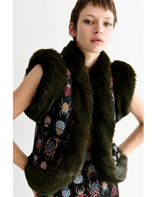 Louche Green Dominica Beetlejuice Jacquard Faux Fur Trimmed Waistcoat