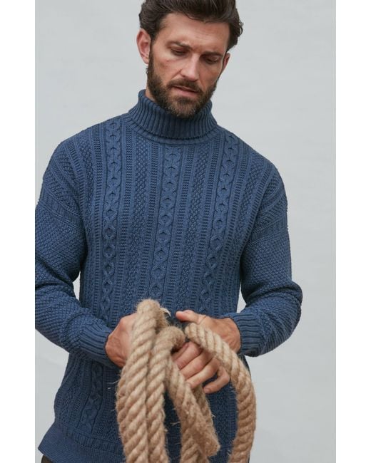 Paul James Knitwear Blue Midweight Cotton Aith Cable Roll Neck Gansey Jumper for men