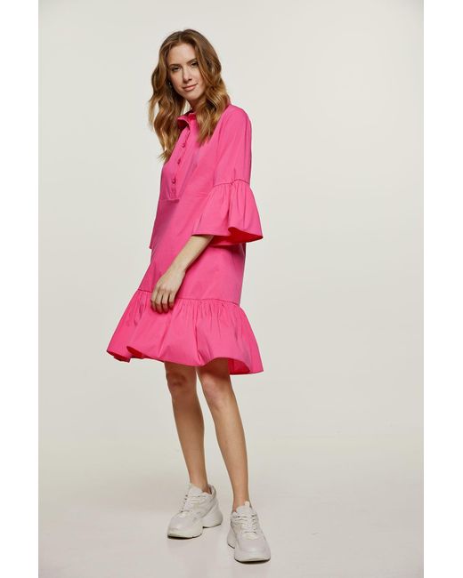 Conquista Pink Fuchsia Bell Sleeve Dress With Ruffle Hem