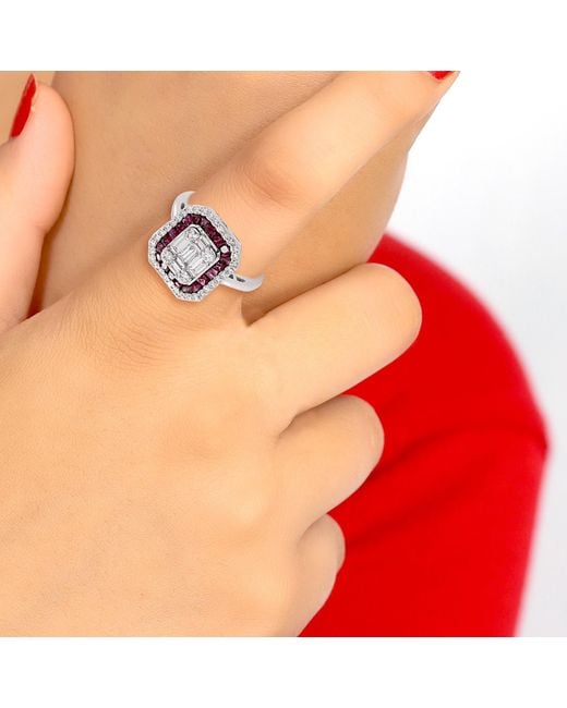 Artisan Multicolor Baguette Ruby And Diamond Halo Ring