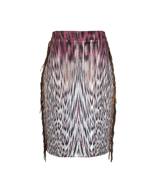 Lalipop Design Purple Pencil Skirt With Animal Print And Fringe Details