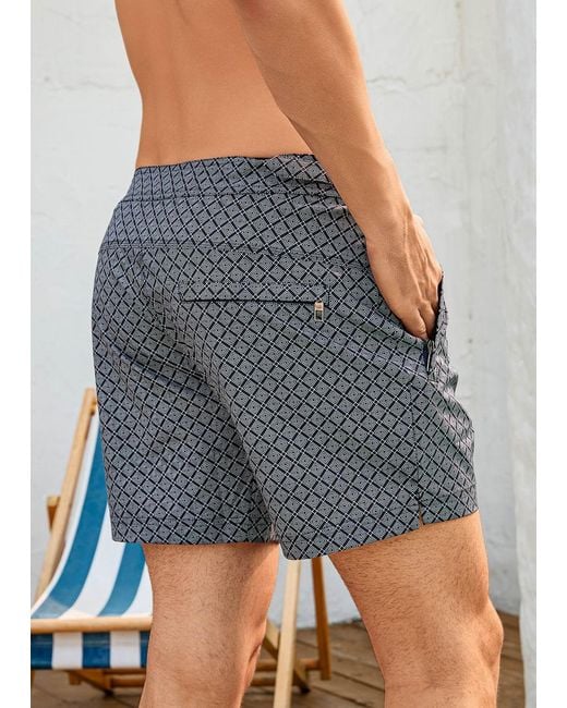 Vayla Gray Long Length Dark Geometric Print Swim Shorts for men