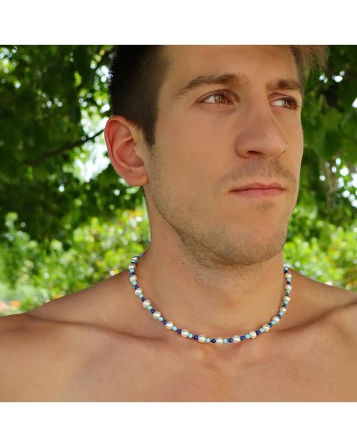 Mineralgems•Studio Blue Pearl Necklace With And Lapis Lazuli Beads for men