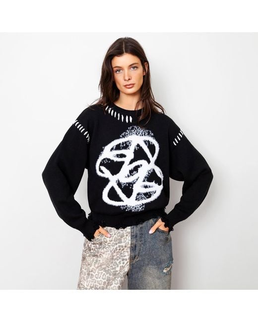 X Ilona Blue Black Legacy Logo Cotton Distressed Fuzzy Knit Raw Cut Sweater