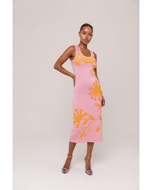 Andreeva White Golden Daisy Knit Dress With Handmade Embroidery