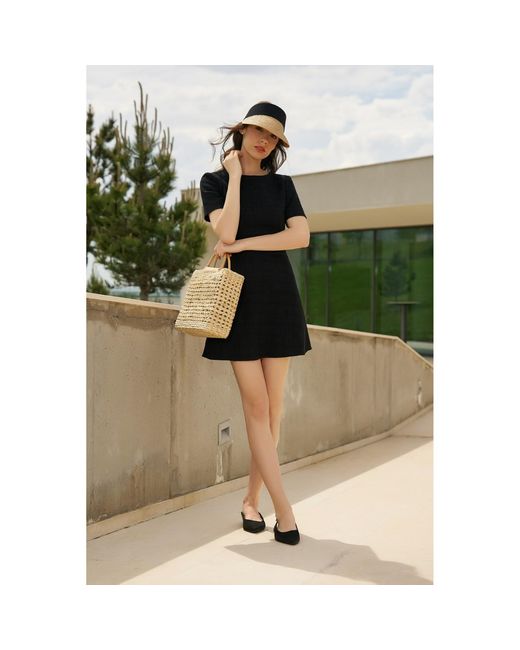 AVENUE No.29 Black Flared Short Sleeve Boucle Dress