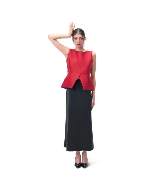 Rondooz Red Hand Painted Satin Peplum Top With Hand Applied Embellishment