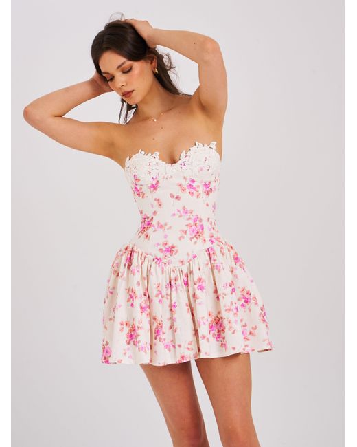 Miss Circle New York Pink Samara Floral Drop Waist Linen Corset Puffy Mini Dress
