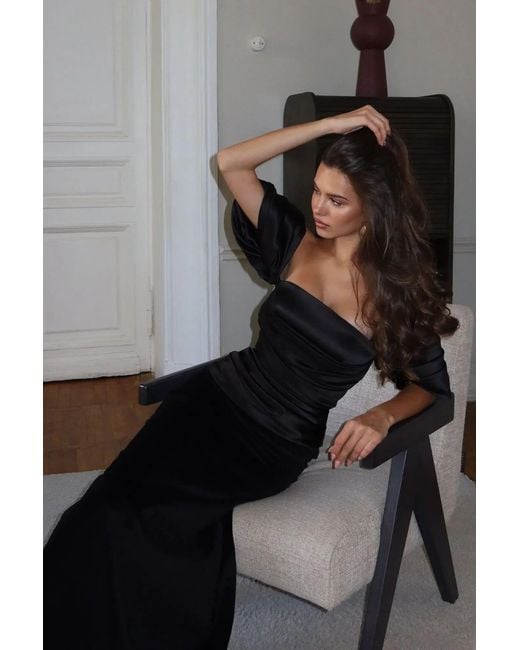 POST MERIDIEM Black Maxi Dress With Draped Bodice & Sleeves