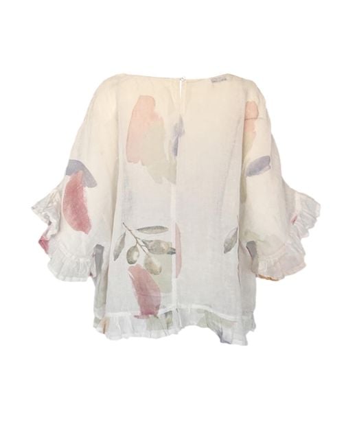 Haris Cotton Multicolor Printed Linen Gauze Blouse With Ruffles Ecru Garden