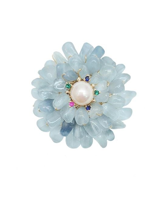 Farra Blue Handcrafted Flower Shape Natural Aquamarine Brooch