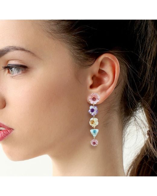 Artisan Pink Mixed Gemstone Carved Flower Drop Earrings