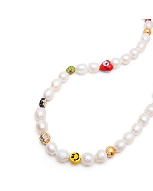 Nialaya Metallic Smiley Face Pearl Necklace With Assorted Beads for men
