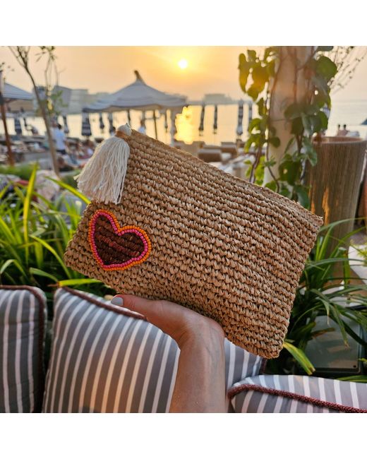 OhSun Metallic Neutrals Xoxo Beaded Raffia Clutch