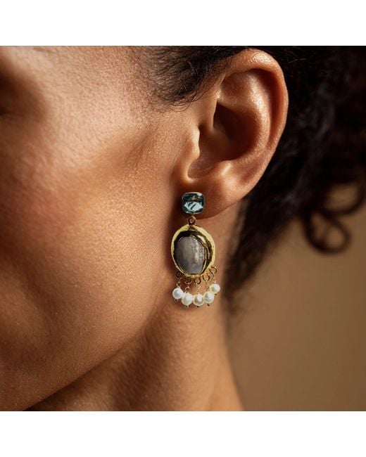 Edgar Navarro Jewelry Metallic Navarro Aquamarine Earrings With Baroque Pearl Pendants