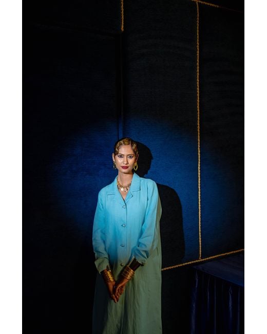 NoLoGo-chic Blue Embroidered Gertrude Coat Dress Linen