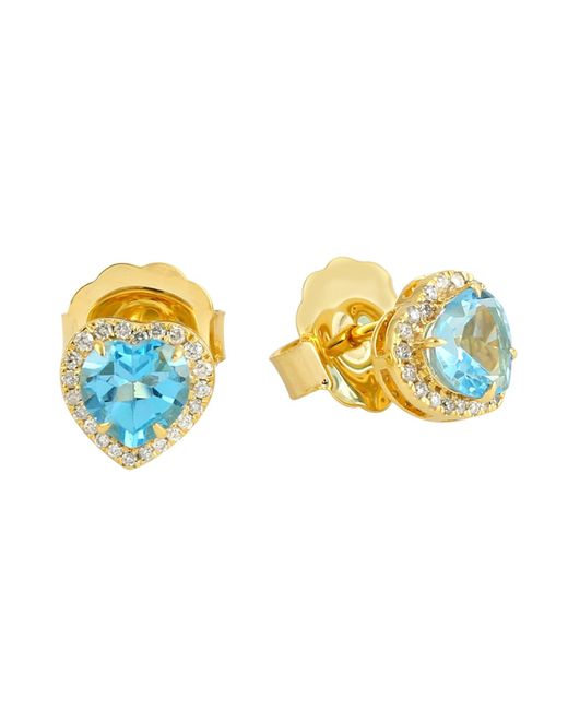 Artisan Metallic Heart Shape Design Blue Topaz & Diamond In 14k Solid Gold Stud Earrings